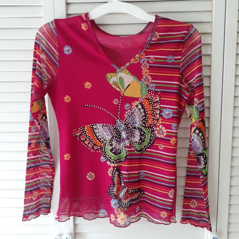 Women/Junior Fuchsia Pink Y2K Long Sleeve Sheer Top Size S/M